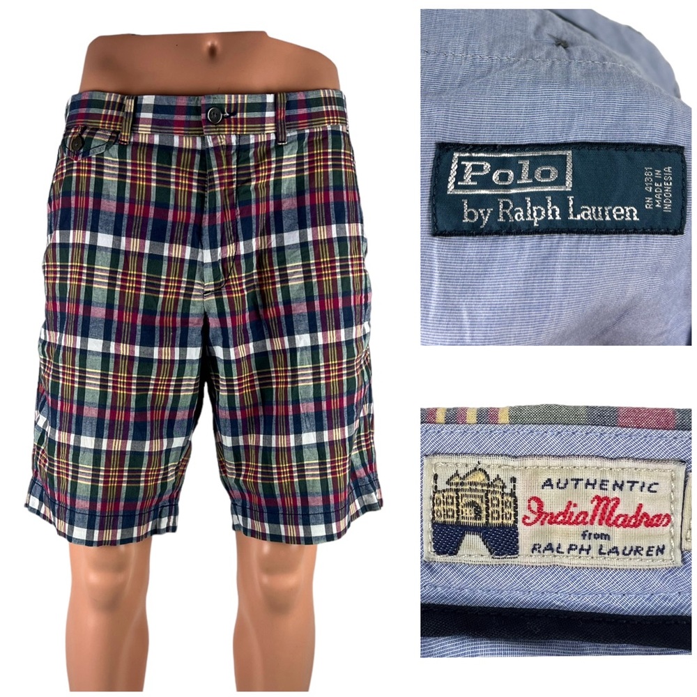 Polo Ralph Lauren Mens 33 Shorts India Madras Plaid Flat Front Cotton Vintage